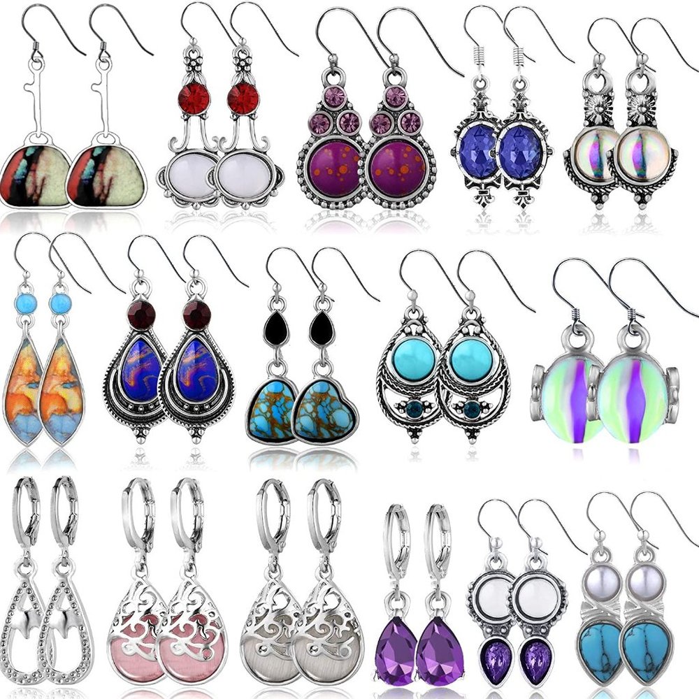 New 16 Pairs Crystal Drop Dangle Earrings Multi-shaped Quartz Stone Earrings